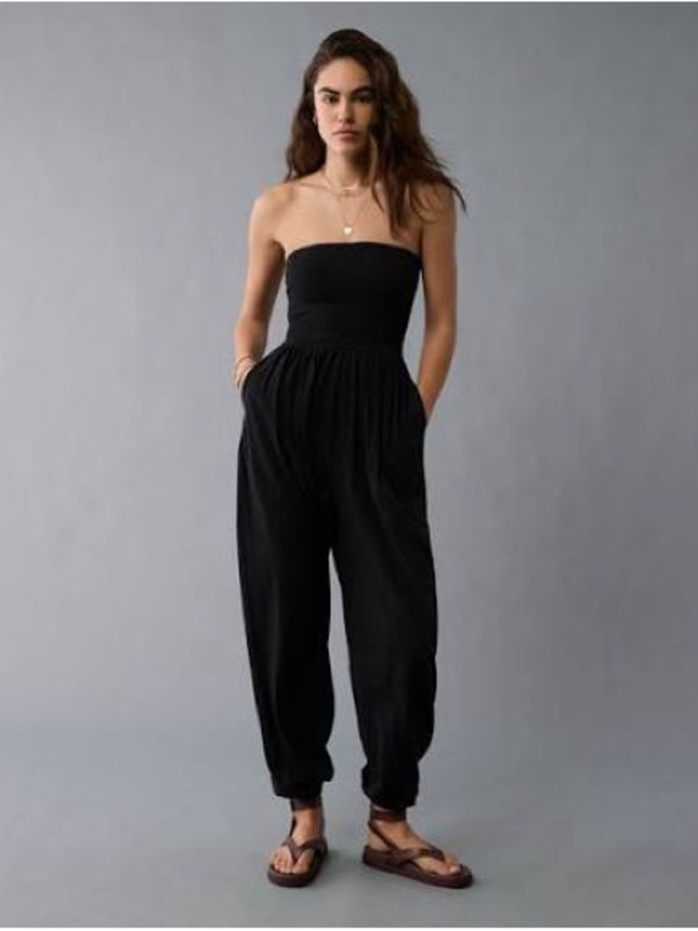 American Eagle Sunchaser Smocked Tube Jumpsuit Black XL NWT